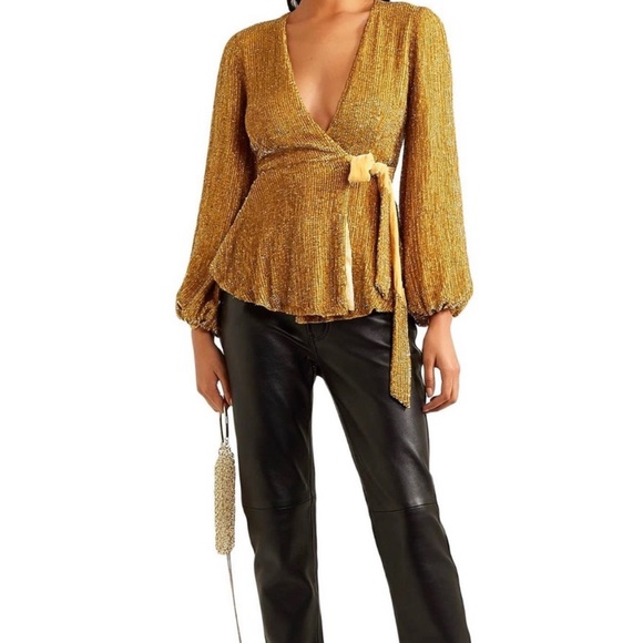 NWT retrofête - gold bette velvet-trimmed sequined chiffon wrap top - Picture 1 of 9